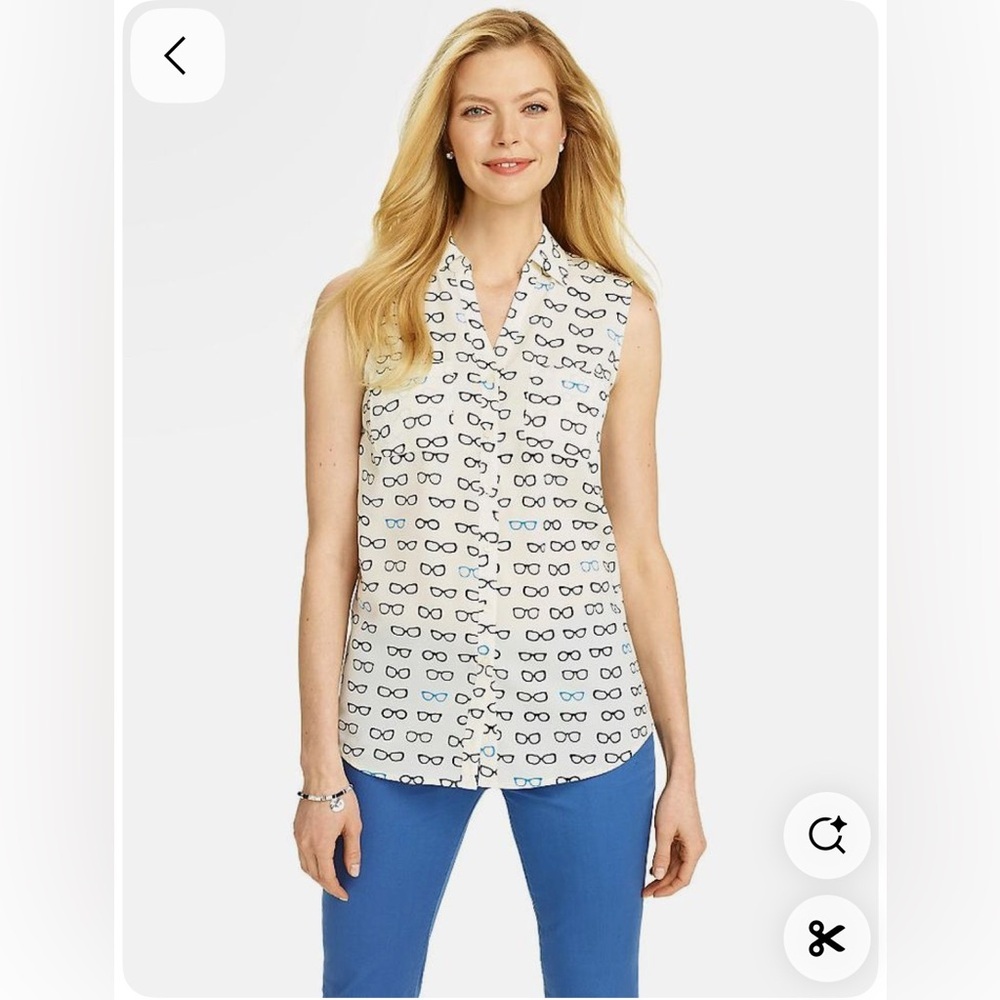Talbots White Sleeveless Blouse with Black Glasses Print